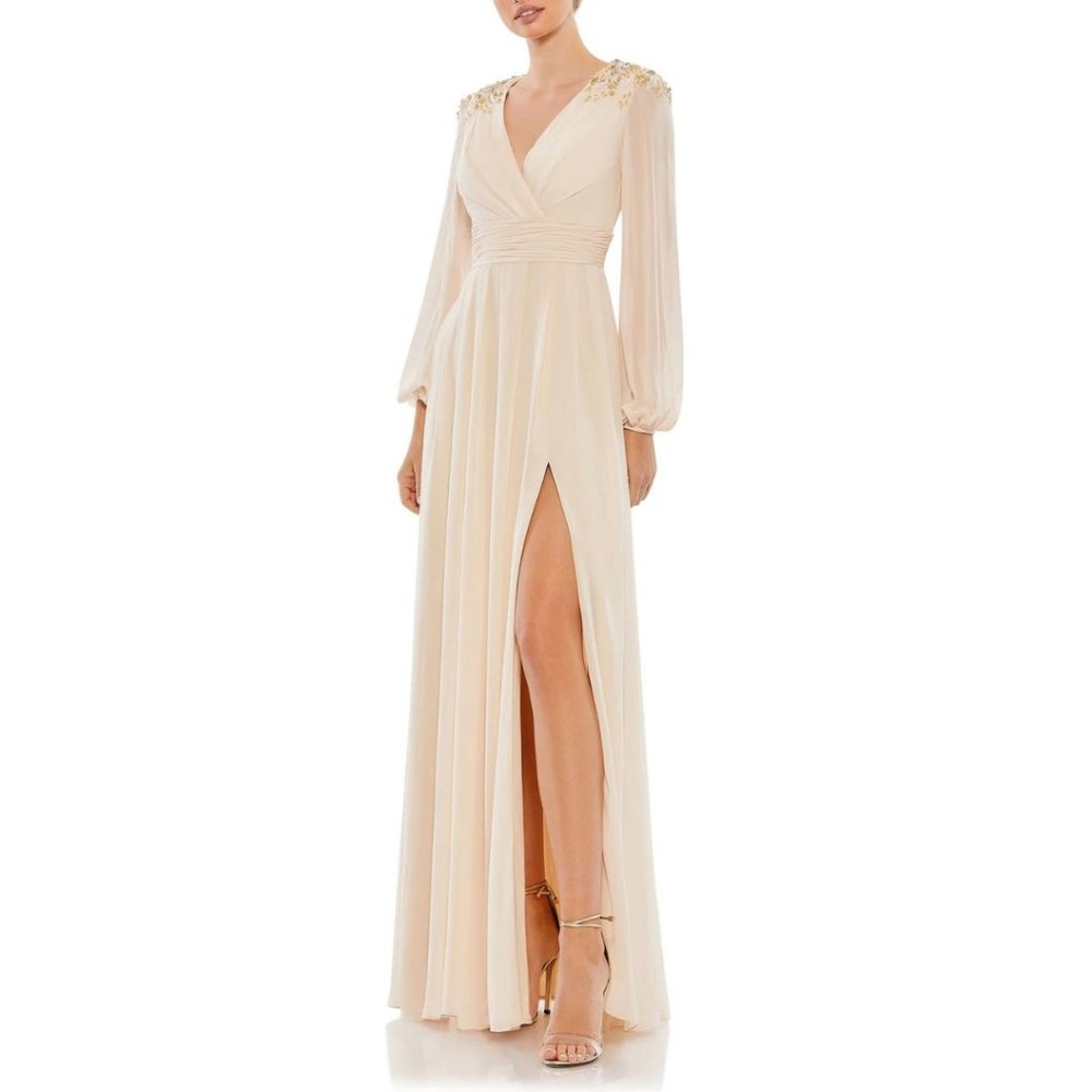 NEW Ieena for Mac Duggal EMBELLISHED SHOULDER BLOUSON SLEEVE EVENING GOWN Size 8